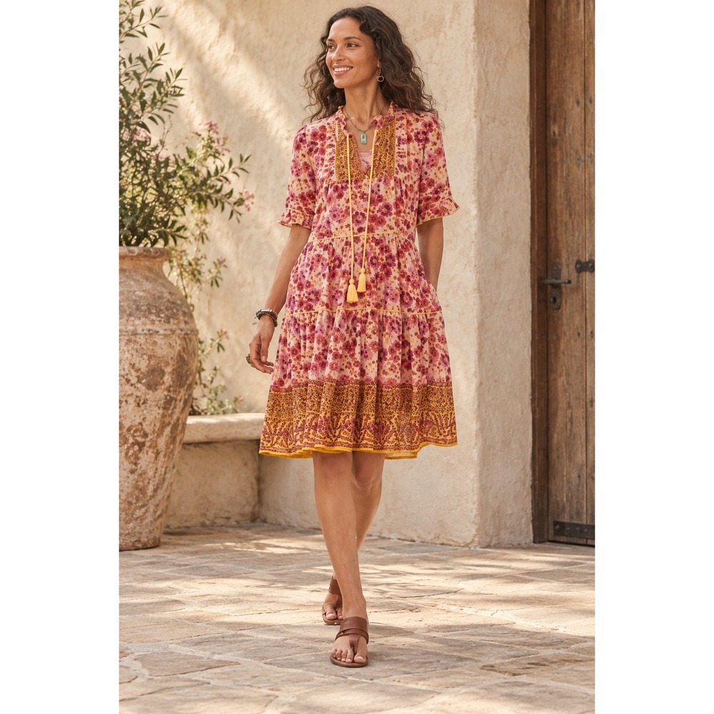 Sundance NWT Fields of Beauty Floral Tiered Cotton Mini Dress Pink Yellow- S